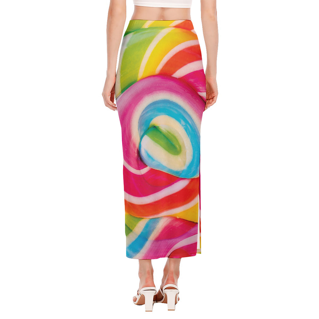 Rainbow Swirl Candy Print Side Slit Maxi Skirt