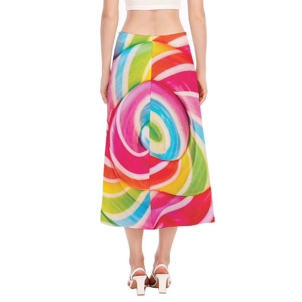 Rainbow Swirl Candy Print Side Slit Midi Skirt