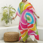 Rainbow Swirl Candy Print Silk V-Neck Kaftan Dress