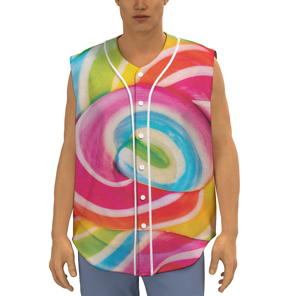 Rainbow Swirl Candy Print Sleeveless Baseball Jersey