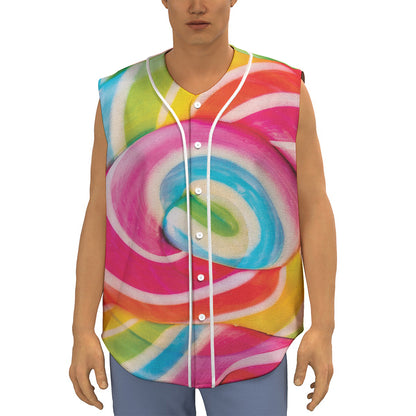 Rainbow Swirl Candy Print Sleeveless Baseball Jersey