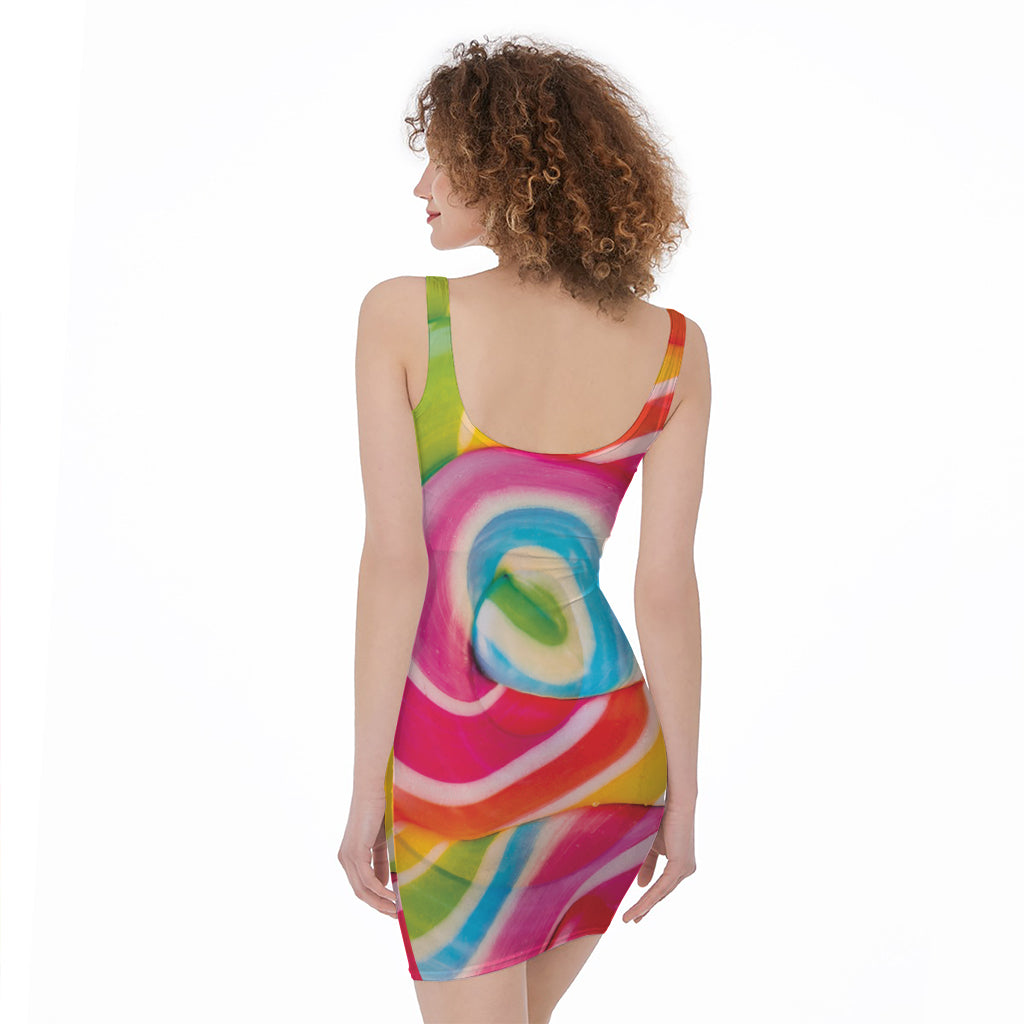 Rainbow Swirl Candy Print Sleeveless Bodycon Dress