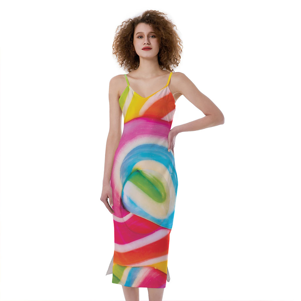 Rainbow Swirl Candy Print Slim Fit Midi Cami Dress