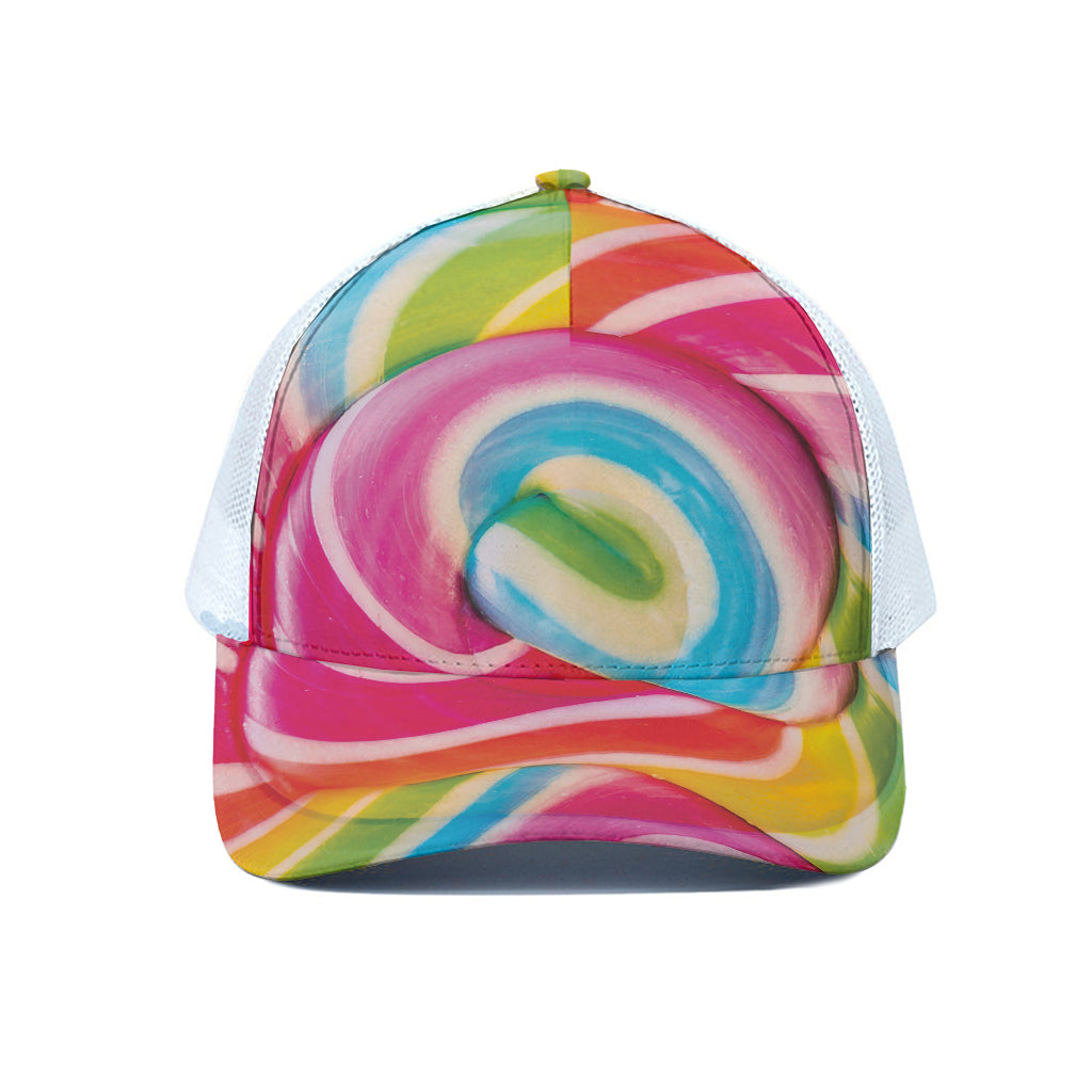 Rainbow Swirl Candy Print White Mesh Trucker Cap