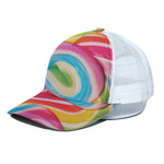 Rainbow Swirl Candy Print White Mesh Trucker Cap