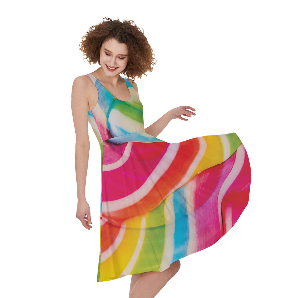 Rainbow Swirl Candy Print Women's Sleeveless Dress