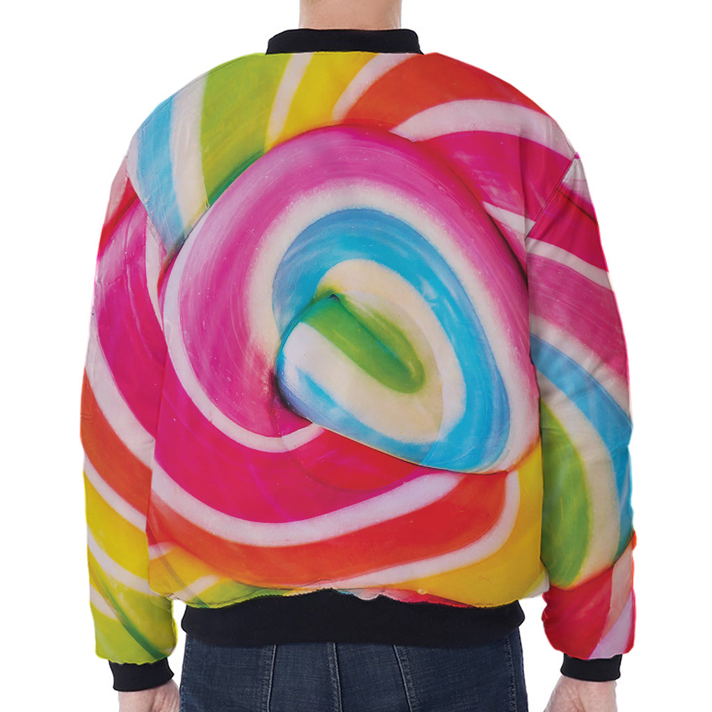 Rainbow Swirl Candy Print Zip Sleeve Bomber Jacket