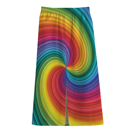 Rainbow Swirl Print Cotton Front Slit Maxi Skirt