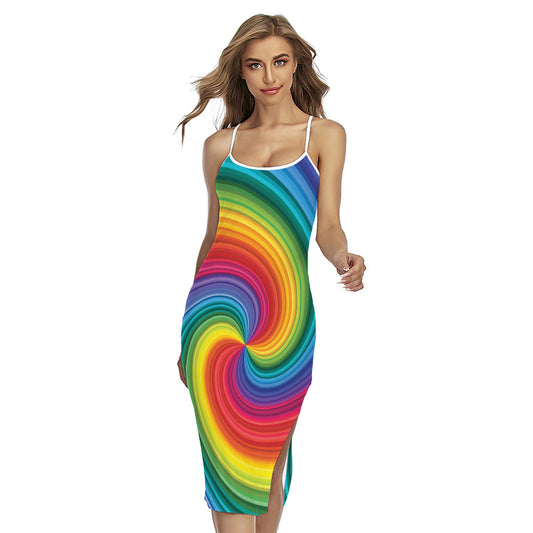 Rainbow Swirl Print Cross Back Cami Dress