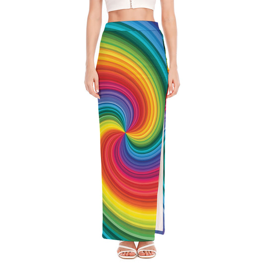 Rainbow Swirl Print High Slit Maxi Skirt
