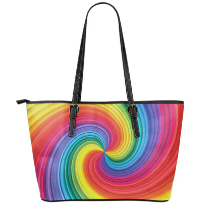 Rainbow Swirl Print Leather Tote Bag