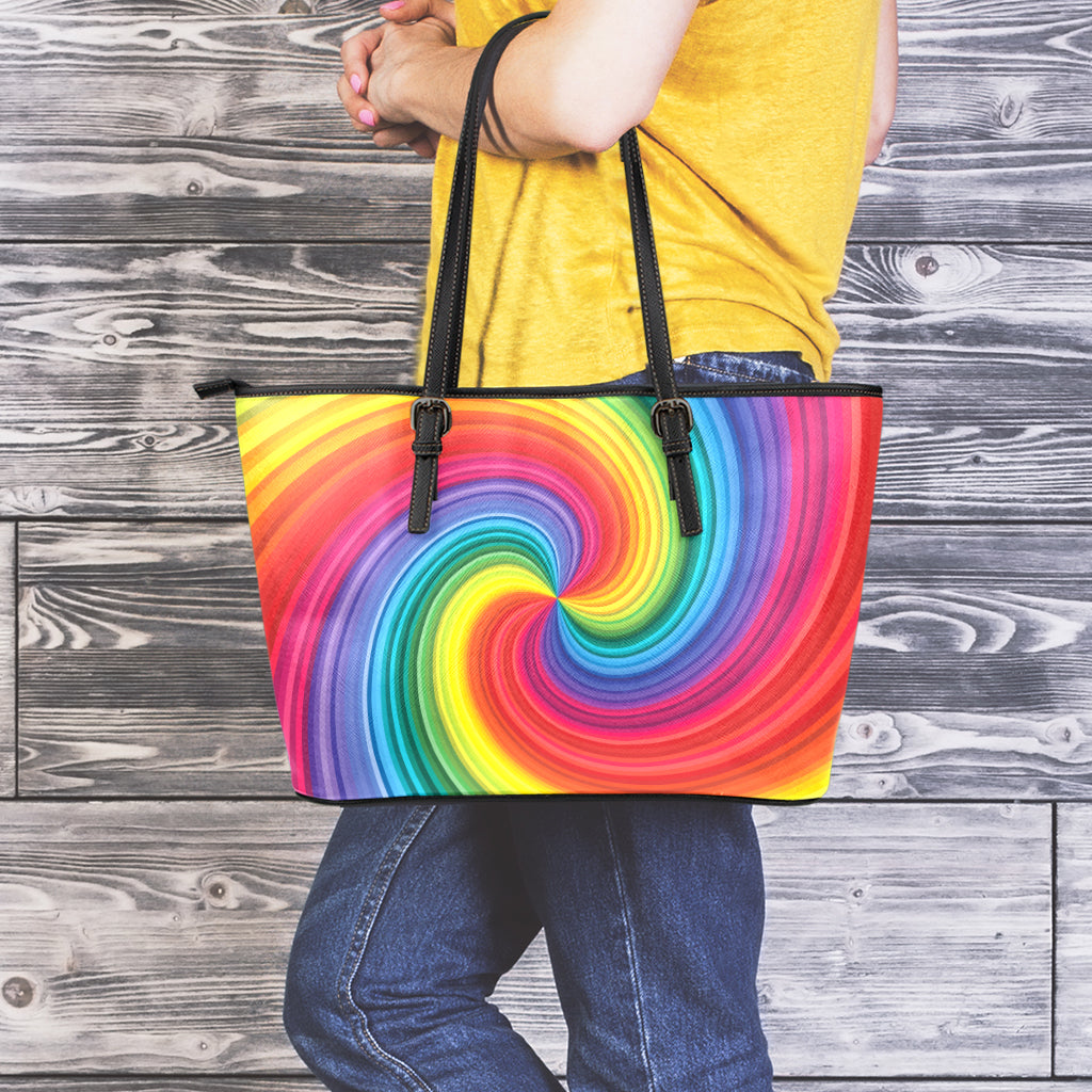 Rainbow Swirl Print Leather Tote Bag