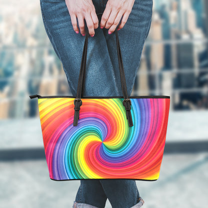 Rainbow Swirl Print Leather Tote Bag
