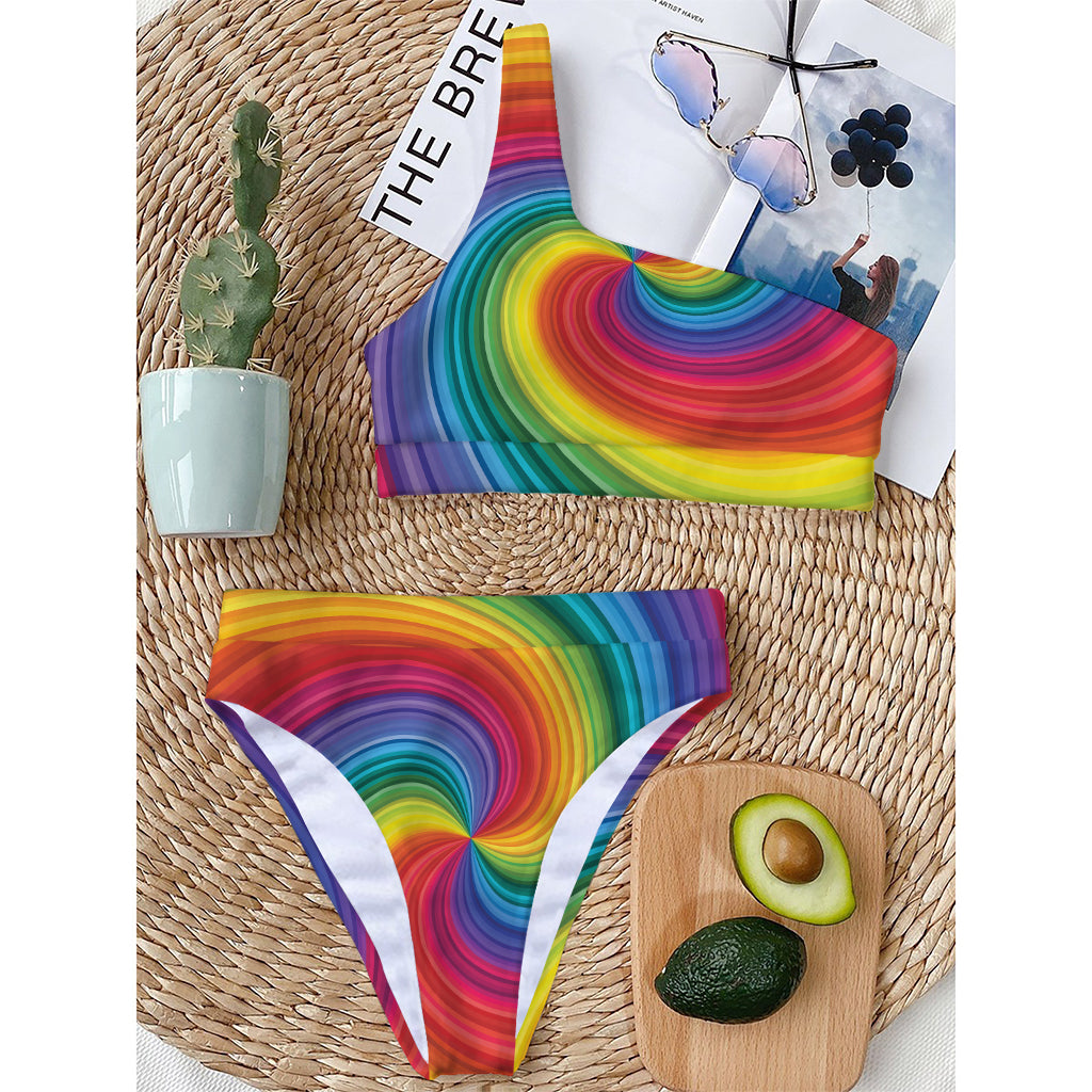 Rainbow Swirl Print One Shoulder Bikini Top