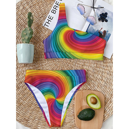 Rainbow Swirl Print One Shoulder Bikini Top