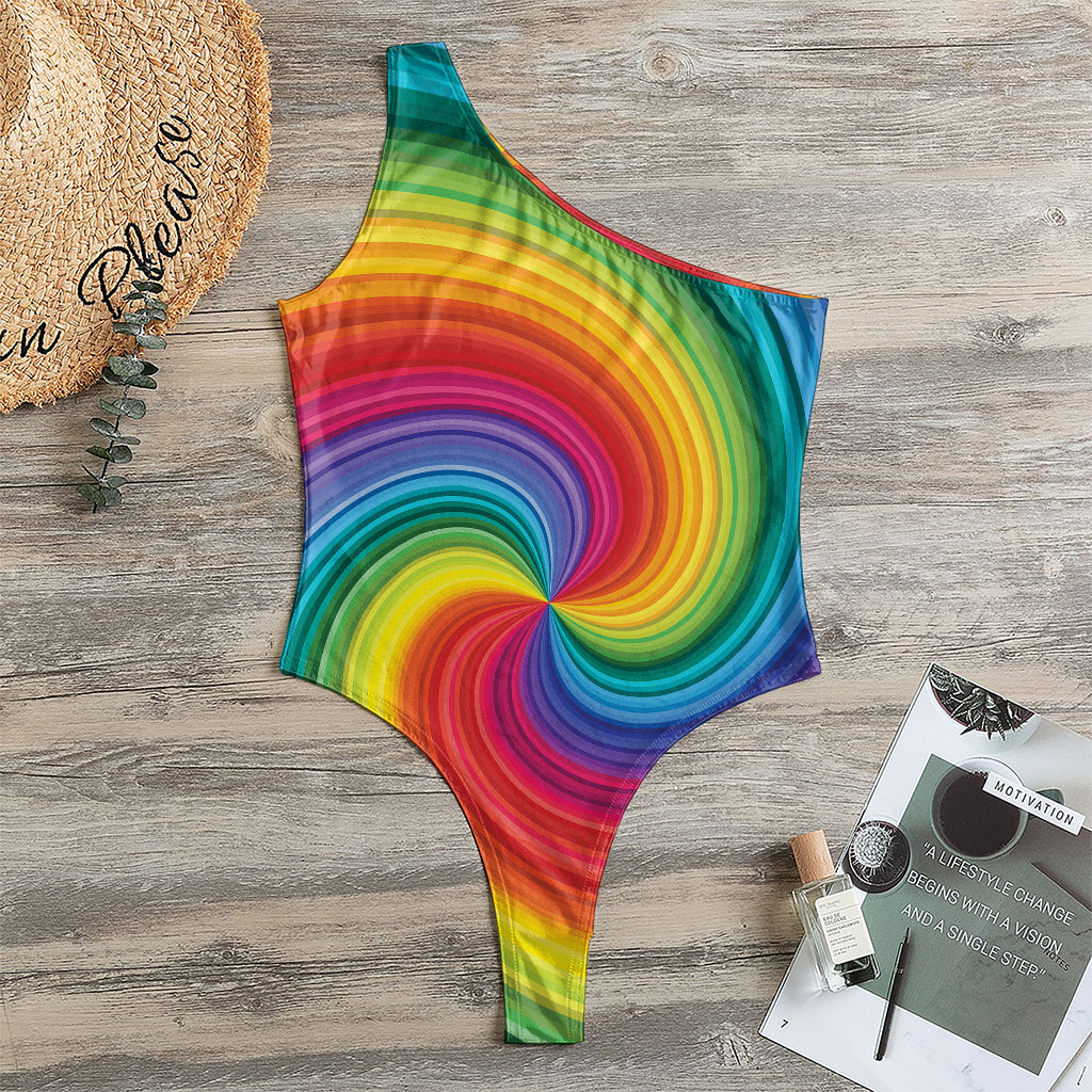 Rainbow Swirl Print One Shoulder Bodysuit