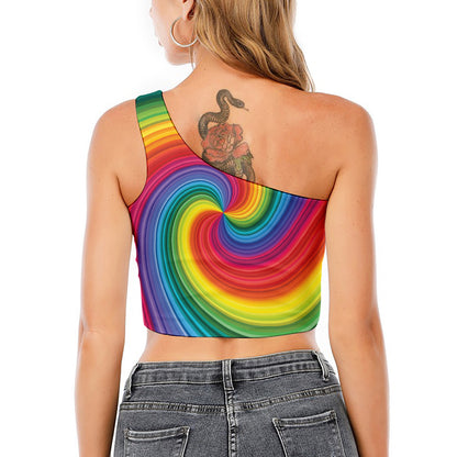 Rainbow Swirl Print One Shoulder Crop Top