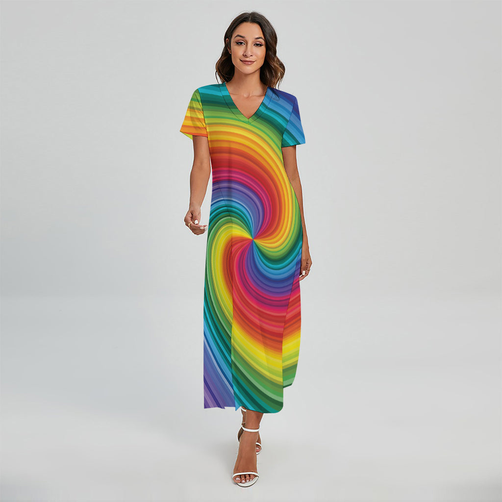 Rainbow Swirl Print Short Sleeve Maxi Dress