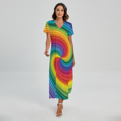 Rainbow Swirl Print Short Sleeve Maxi Dress