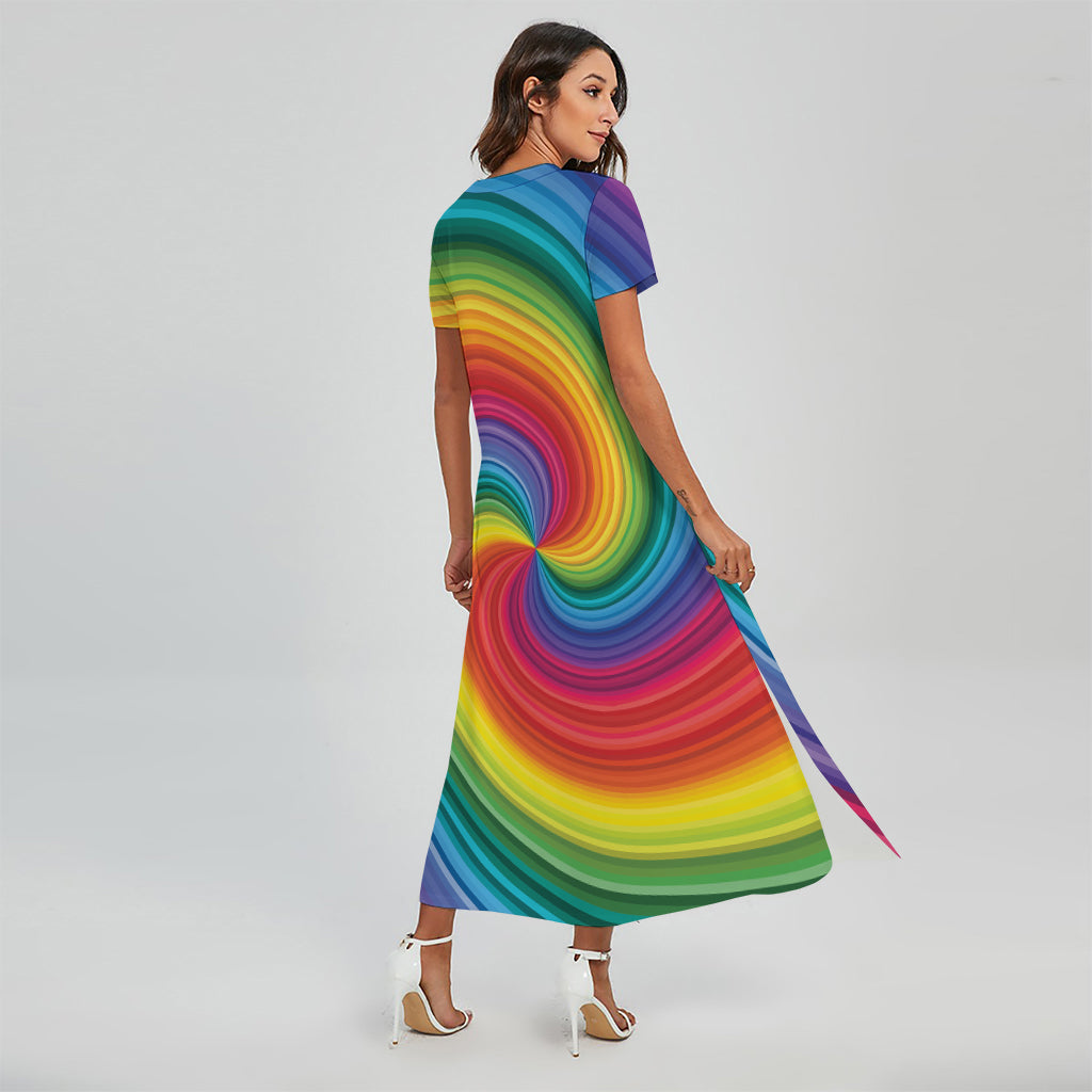 Rainbow Swirl Print Short Sleeve Maxi Dress