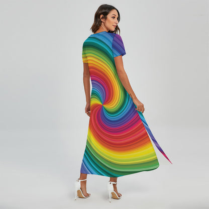 Rainbow Swirl Print Short Sleeve Maxi Dress