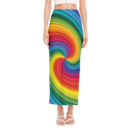 Rainbow Swirl Print Side Slit Maxi Skirt