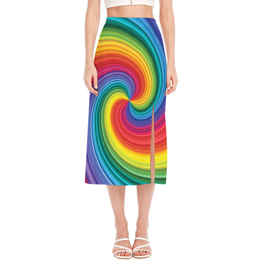 Rainbow Swirl Print Side Slit Midi Skirt