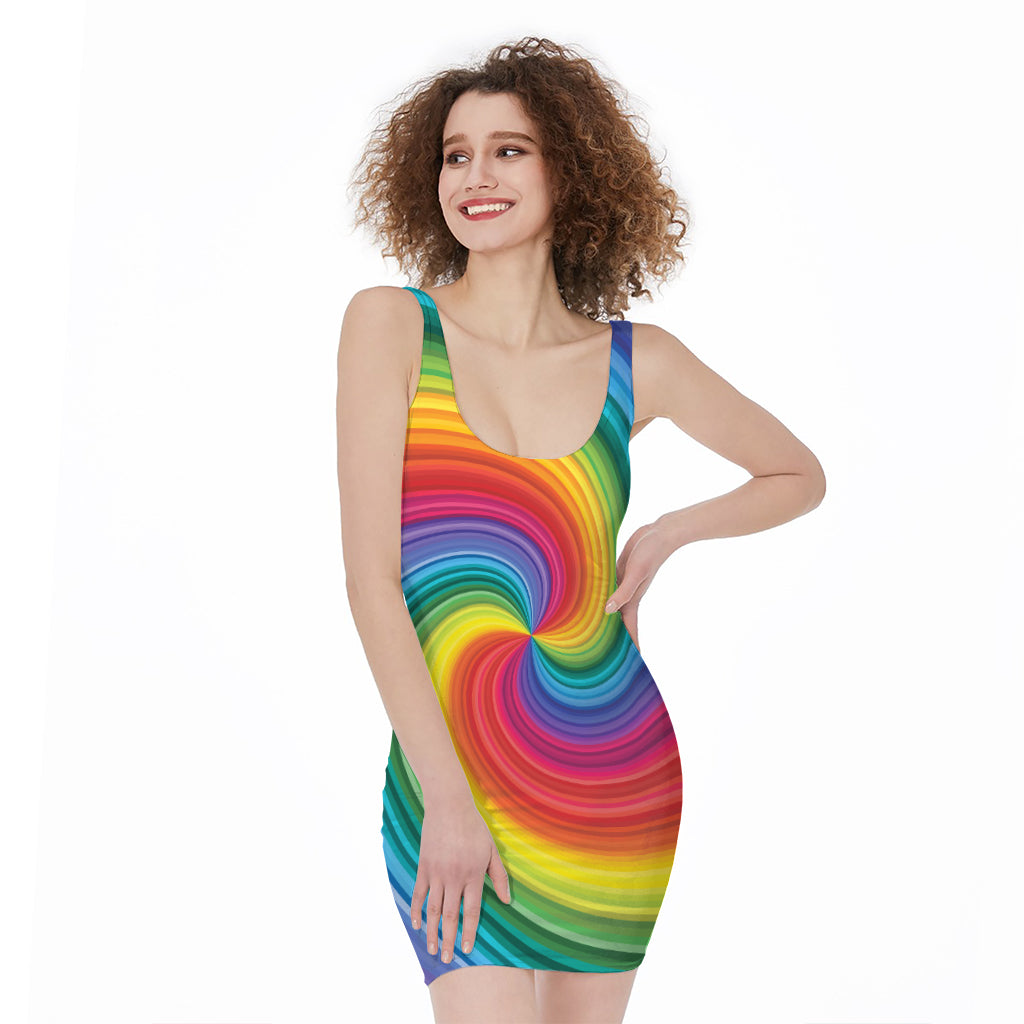 Rainbow Swirl Print Sleeveless Bodycon Dress
