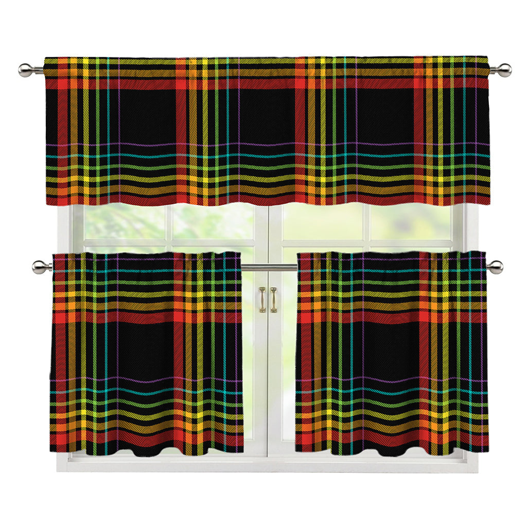 Rainbow Tartan Pattern Print 3 Piece Kitchen Curtains