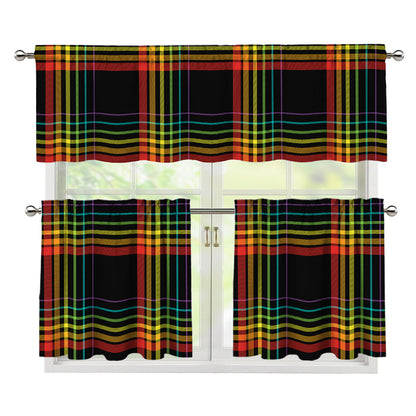 Rainbow Tartan Pattern Print 3 Piece Kitchen Curtains