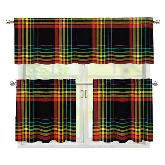 Rainbow Tartan Pattern Print 3 Piece Kitchen Curtains