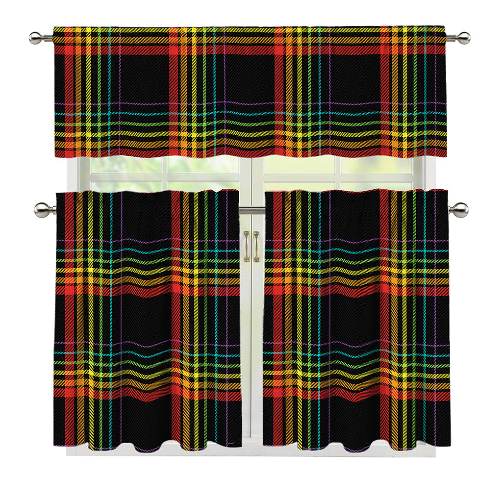 Rainbow Tartan Pattern Print 3 Piece Kitchen Curtains