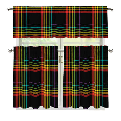 Rainbow Tartan Pattern Print 3 Piece Kitchen Curtains