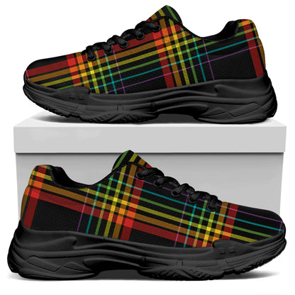 Rainbow Tartan Pattern Print Black Chunky Shoes