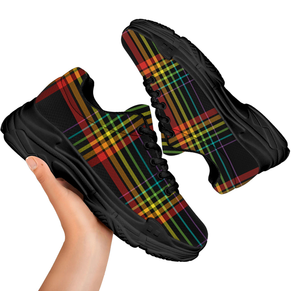 Rainbow Tartan Pattern Print Black Chunky Shoes