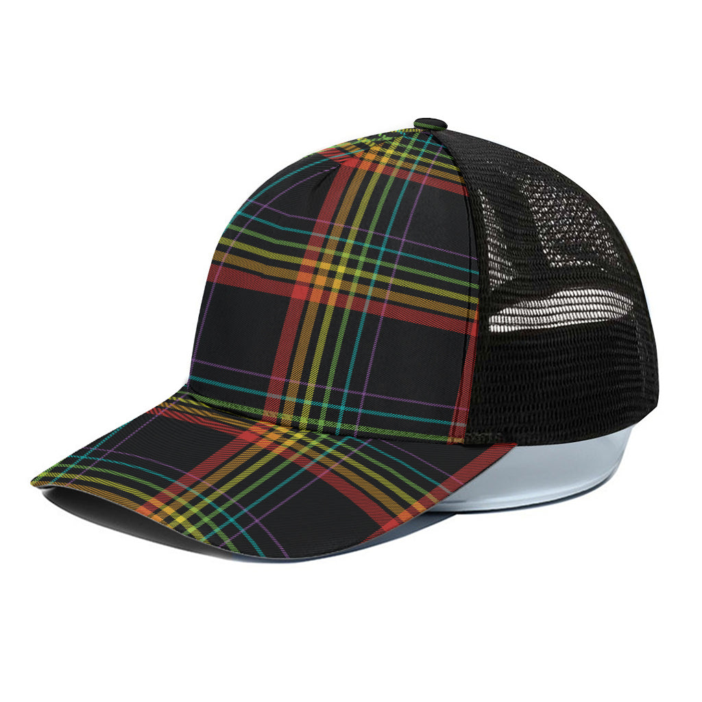 Rainbow Tartan Pattern Print Black Mesh Trucker Cap