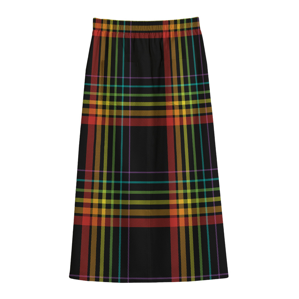 Rainbow Tartan Pattern Print Cotton Front Slit Maxi Skirt