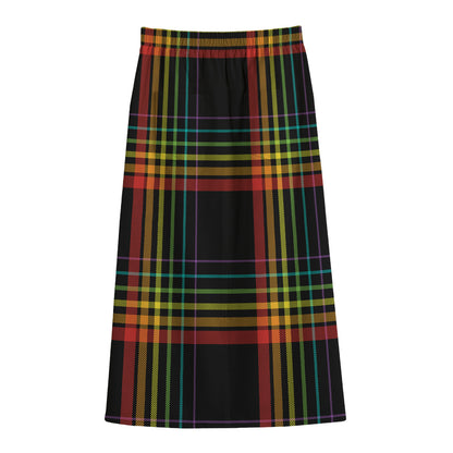 Rainbow Tartan Pattern Print Cotton Front Slit Maxi Skirt