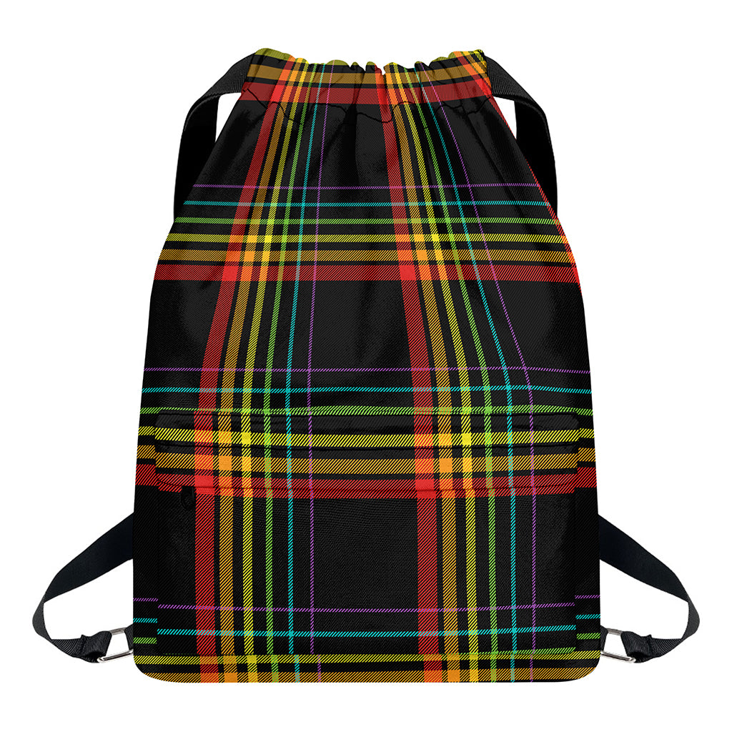 Rainbow Tartan Pattern Print Drawstring Backpack