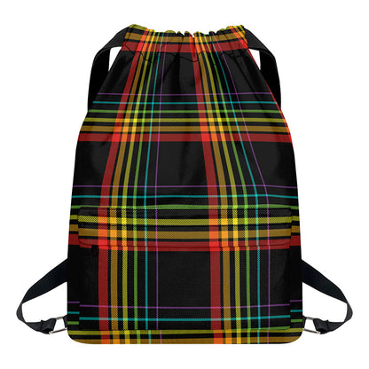 Rainbow Tartan Pattern Print Drawstring Backpack