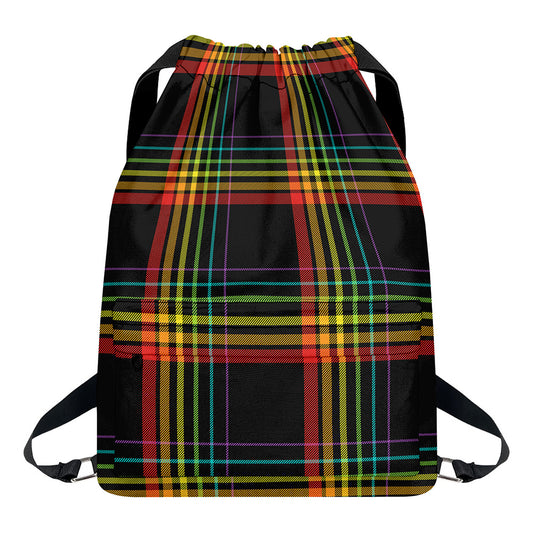 Rainbow Tartan Pattern Print Drawstring Backpack