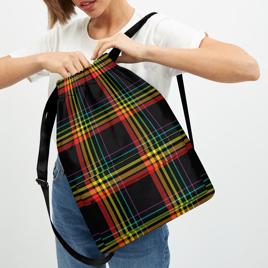 Rainbow Tartan Pattern Print Drawstring Backpack