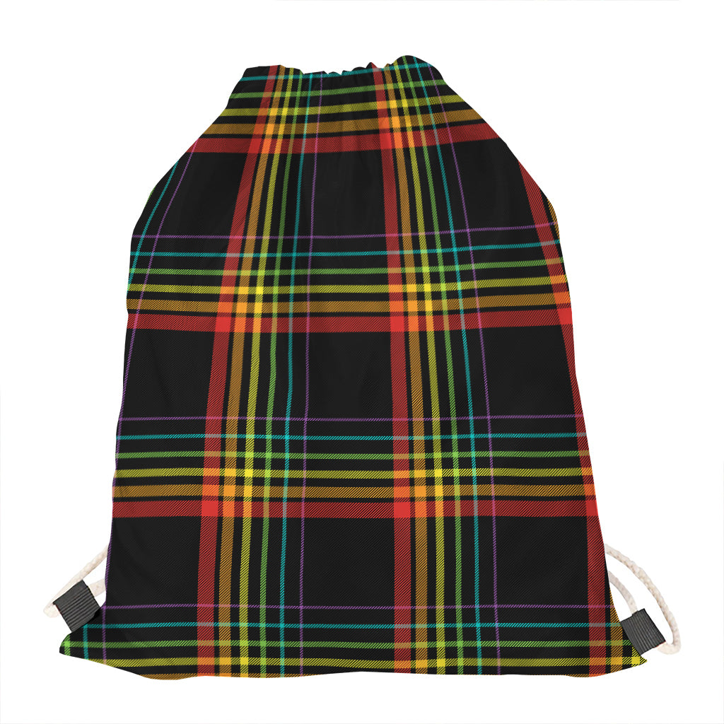 Rainbow Tartan Pattern Print Drawstring Bag