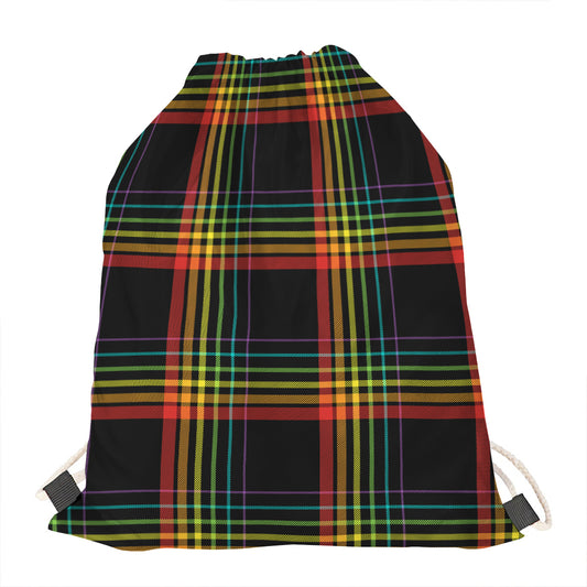 Rainbow Tartan Pattern Print Drawstring Bag