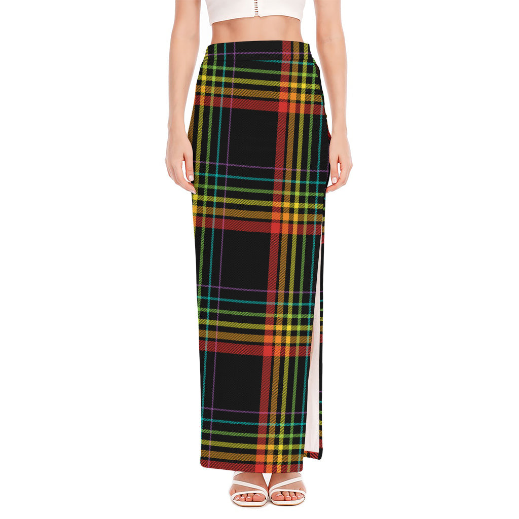 Rainbow Tartan Pattern Print High Slit Maxi Skirt