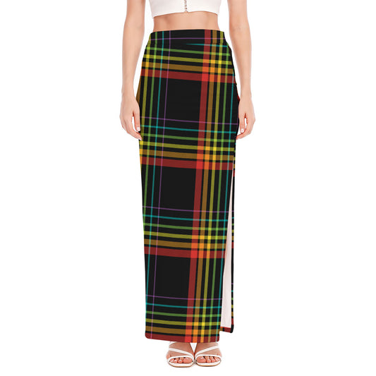 Rainbow Tartan Pattern Print High Slit Maxi Skirt