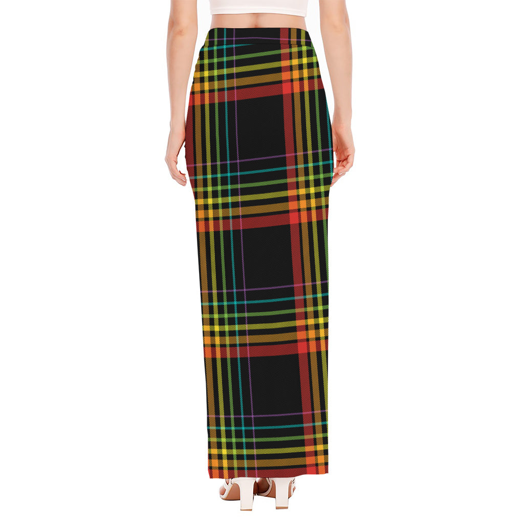 Rainbow Tartan Pattern Print High Slit Maxi Skirt