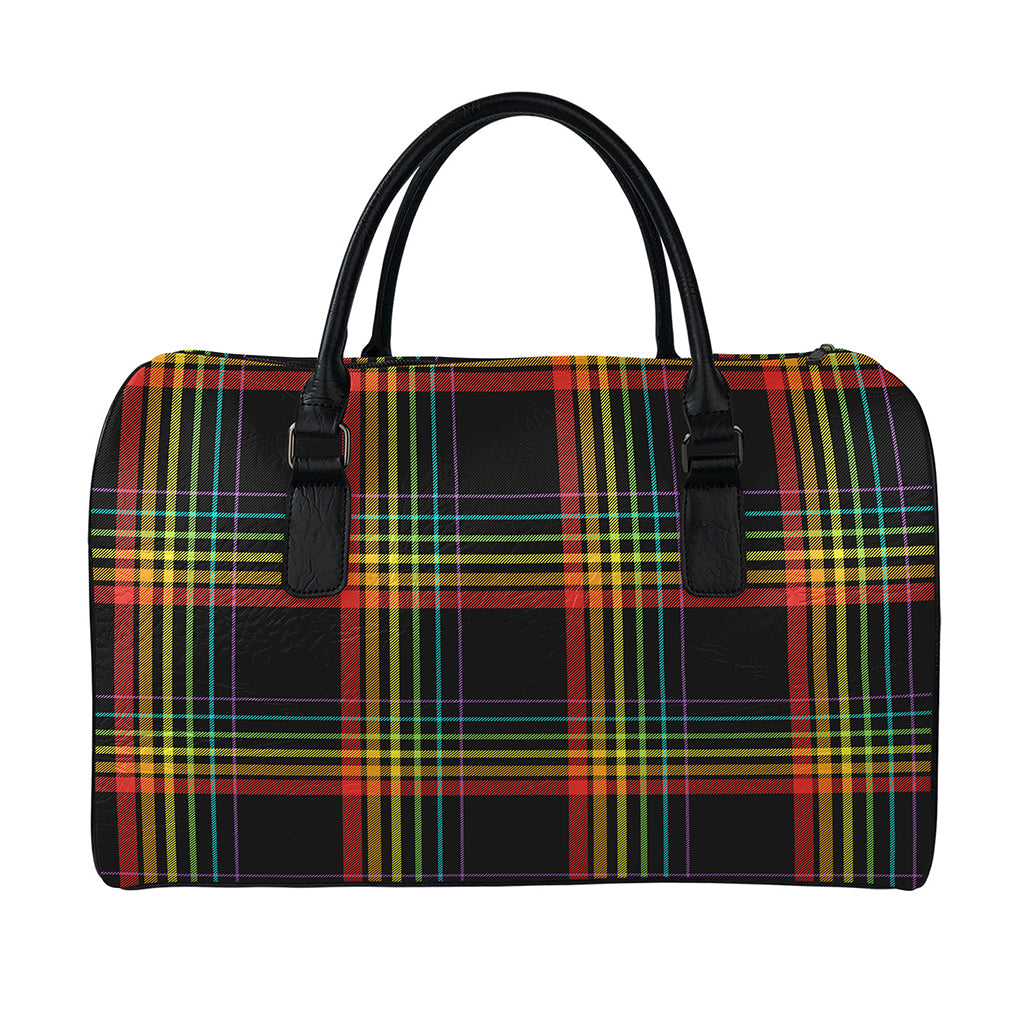 Rainbow Tartan Pattern Print Leather Duffle Bag