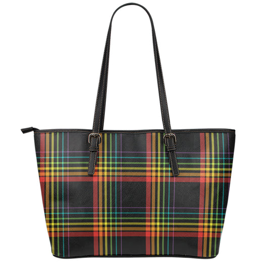 Rainbow Tartan Pattern Print Leather Tote Bag