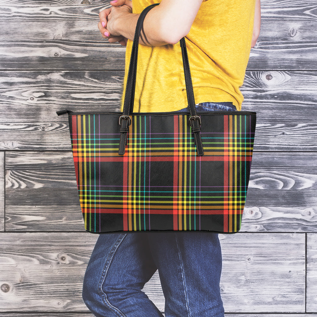 Rainbow Tartan Pattern Print Leather Tote Bag
